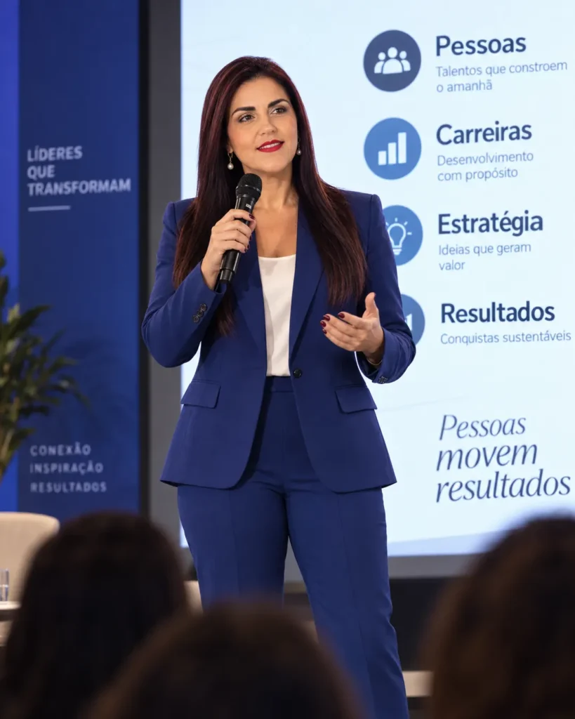 Stella Dini palestrando sobre desenvolvimento profissional