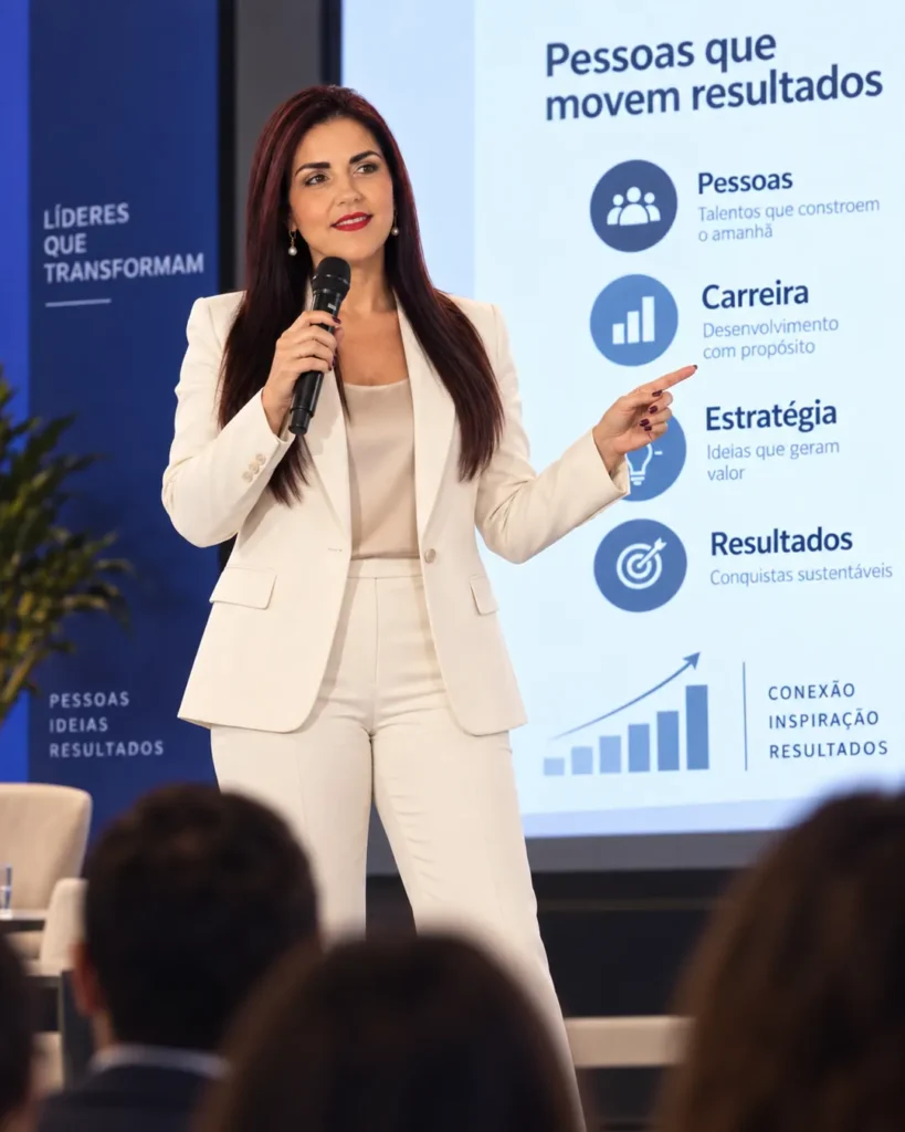 Stella Dini apresentando conteúdo sobre liderança